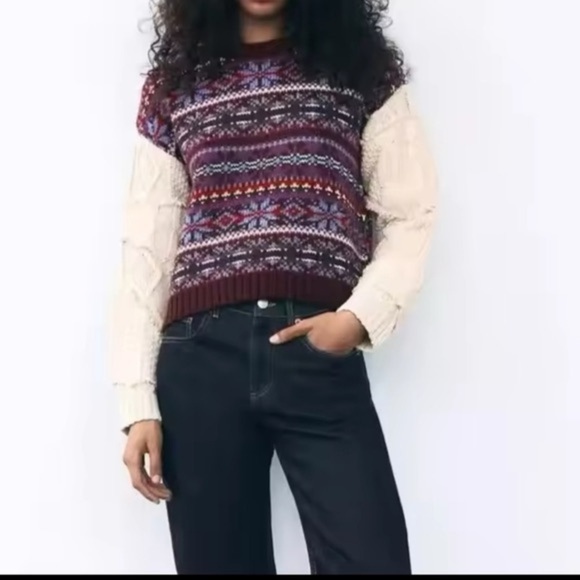 Zara Fair Isle knit pullover sweater with contrasting knit jacquard sleeves M - Picture 4 of 15